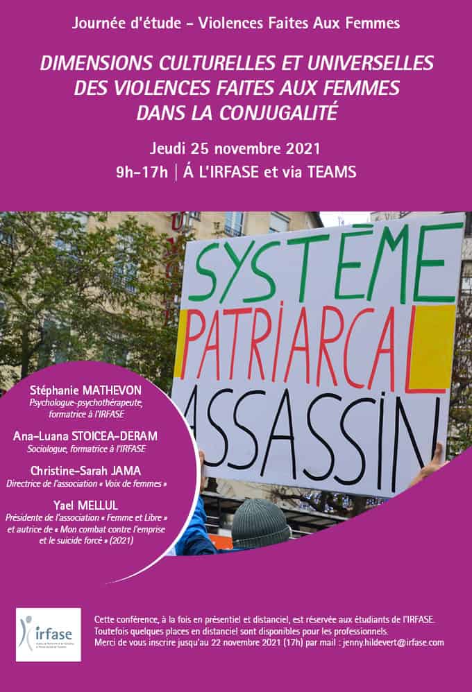 Affiche de la journée étude sur les violences faites aux femmes le 25 novembre 2021 à l'IRFASE