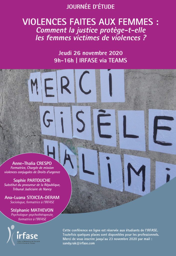 Affiche de la journée étude sur les violences faites aux femmes le 26 novembre 2020