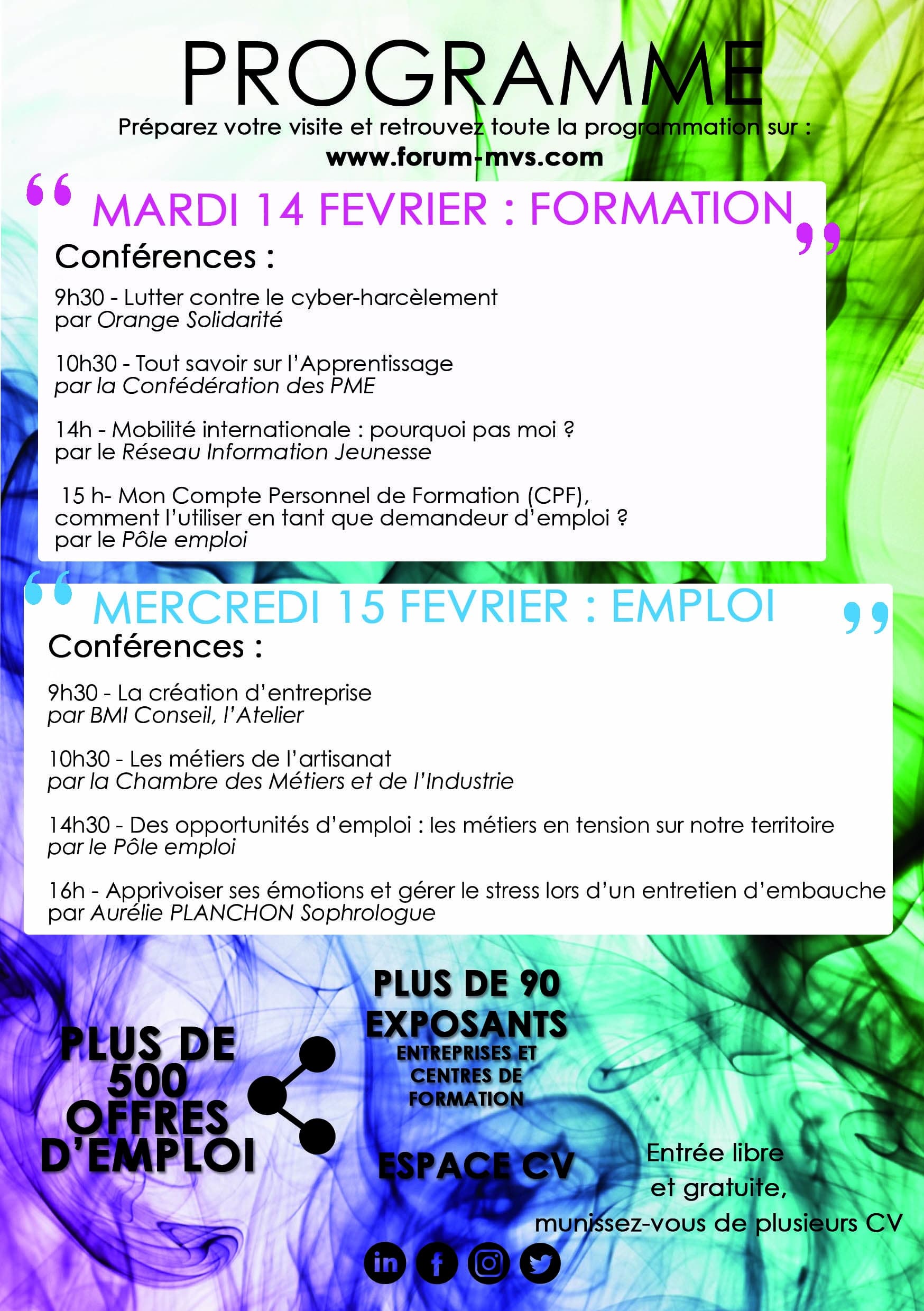 Flyer du Forum de l'Emploi et de la Formation Melun Val de Seine avec les conférences