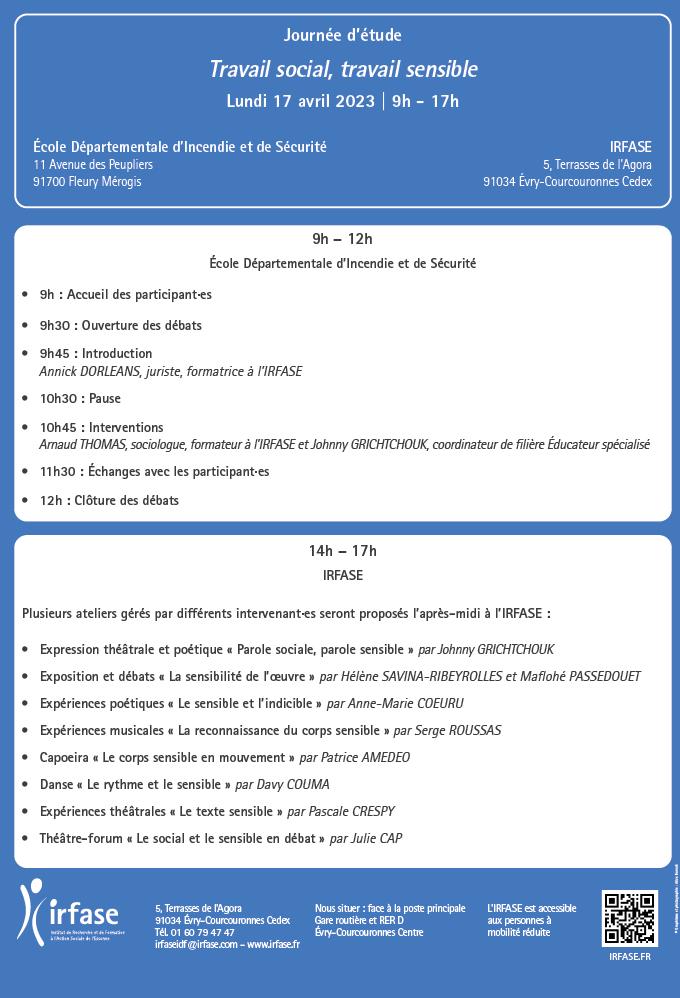 Programme de la journée d'étude de l'IRFASE du 17 avril 2023 intitulée "travail social, travail sensible"