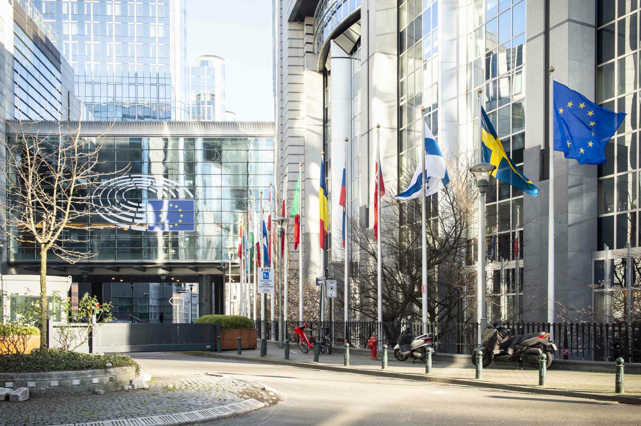 Drapeaux européens devant le parlement européen