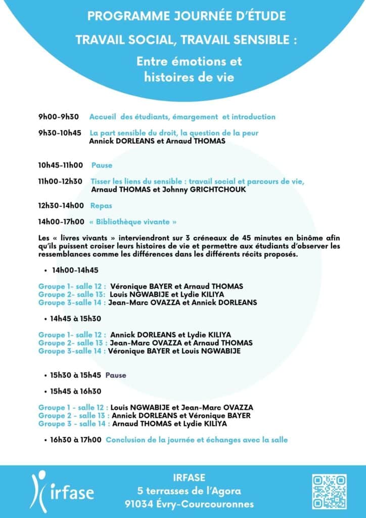 Programme de la journée d'étude "Travail social, travail sensible" du jeudi 8 février de 9h à 17h à l'IRFASE